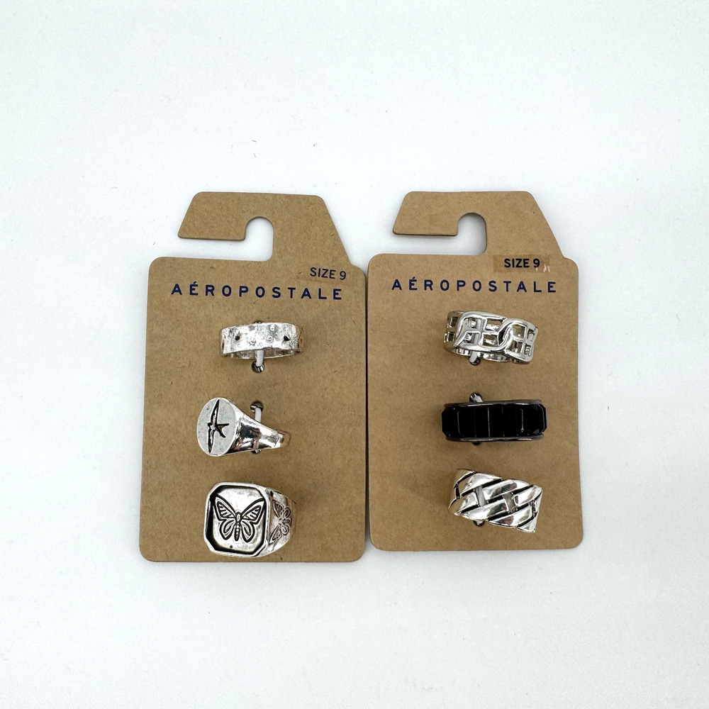 Aeropostale Set Of 6 Silver & Black Tone Stackable Rings New On Card Size 9